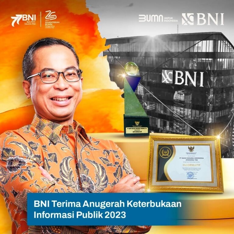 Setelah mengikuti rangkaian pelaksanaan Monitoring dan Evaluasi (Monev), PT Bank Negara Indonesia (Persero) Tbk atau BNI, menerima Anugerah Keterbukaan Informasi Publik dari Komisi Informasi Publik (KIP) 2023.