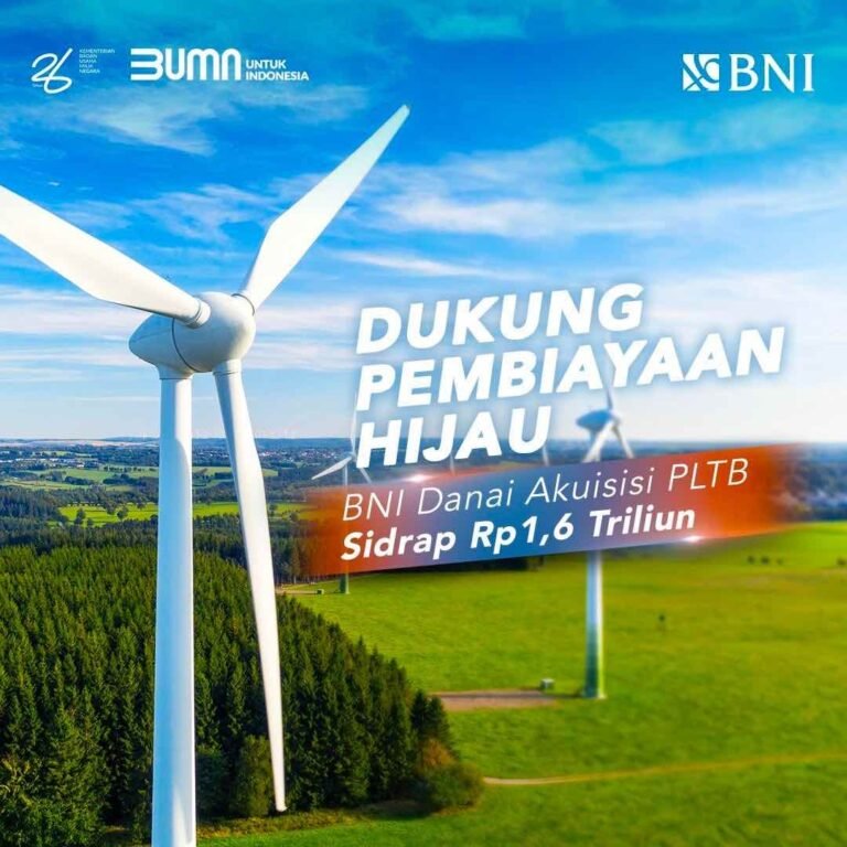 Mendukung transisi energi hijau, PT Bank Negara Indonesia (Persero) Tbk atau BNI mendanai akuisisi Pembangkit Listrik Tenaga Bayu (PLTB) Sidrap, Sulawesi Selatan berkapasitas 75 Megawatt (MW) merupakan PLTB terbesar di Indonesia.