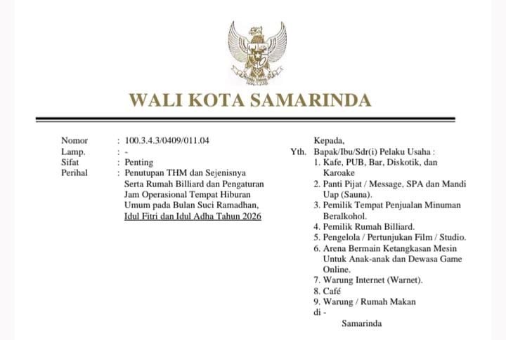 Pemkot Samarinda Tutup THM dan Atur Jam Operasional Usaha Selama Ramadan 2026
Telah dibaca : 645 Kali.